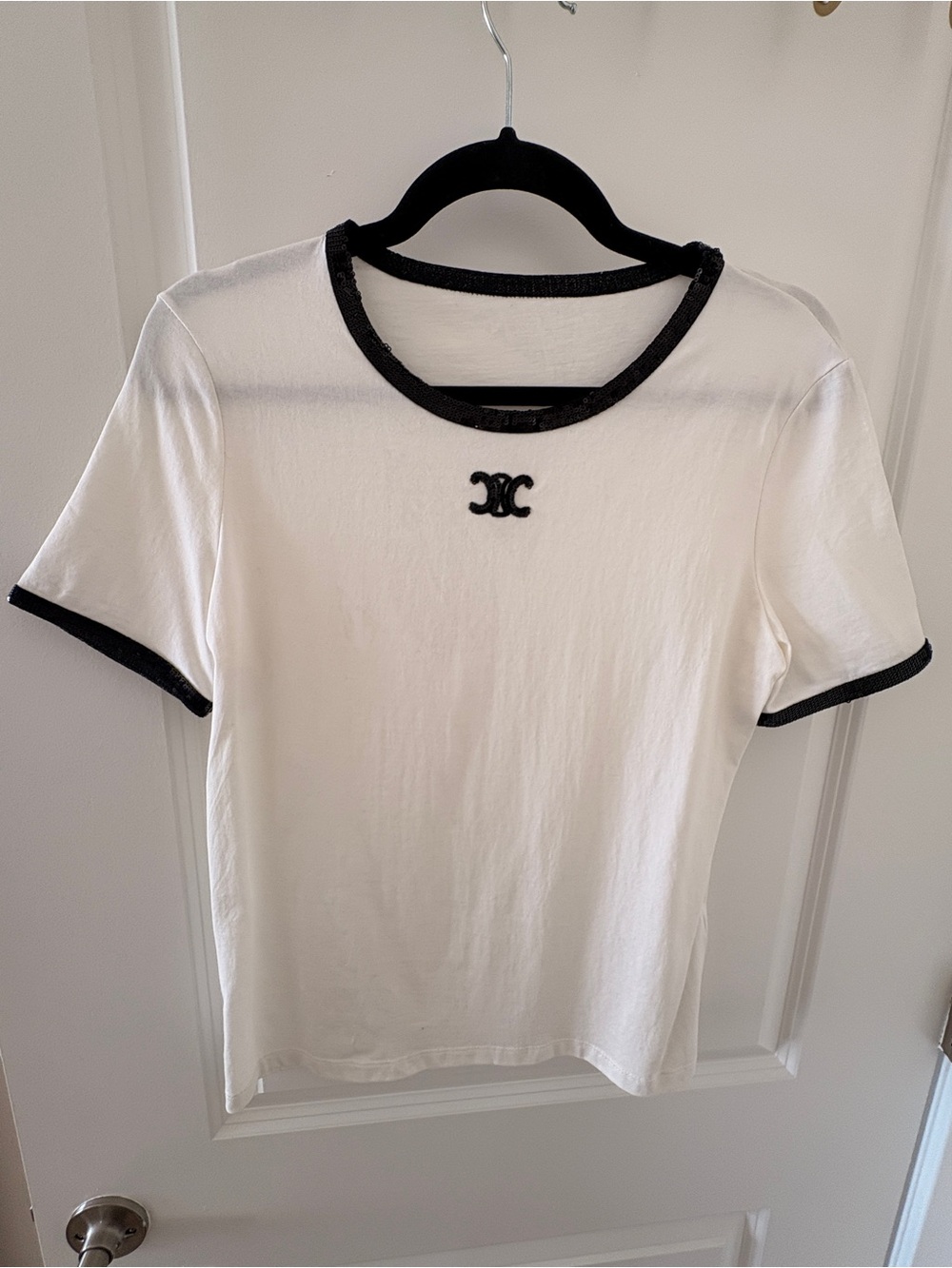 Celine White Short Sleeve Tee with Black Trim and Logo